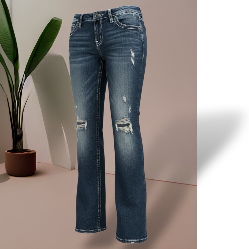 Silver Berkley Surplus Bootcut Jeans distressed embroidered pockets Size L31/33